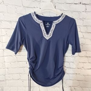 Lands' End Swim Ruched Tunic Rashguard Adjustable Embroidered Medium Blue